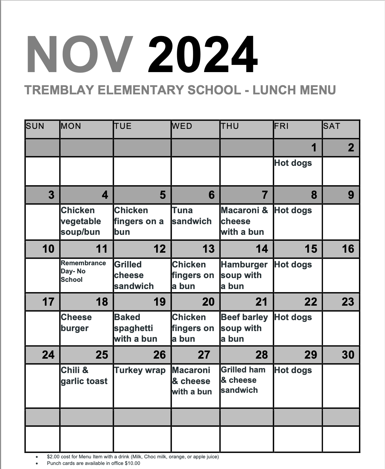 Lunch Menu for November