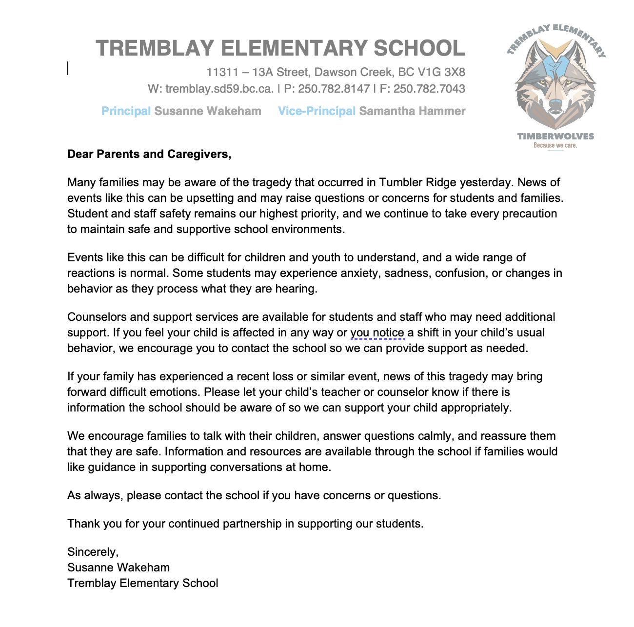 A Letter to Families