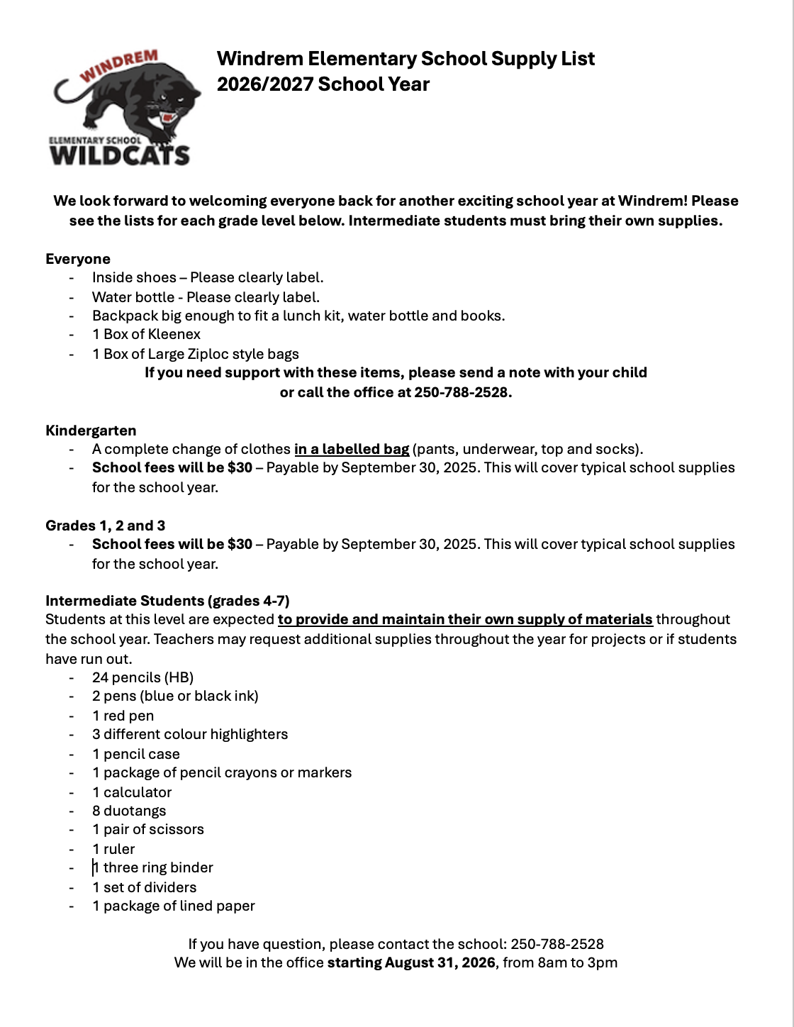 supply list for 2026-2027 school year