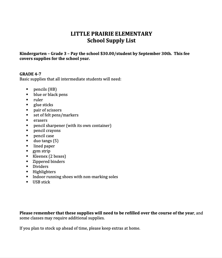 School Supply List